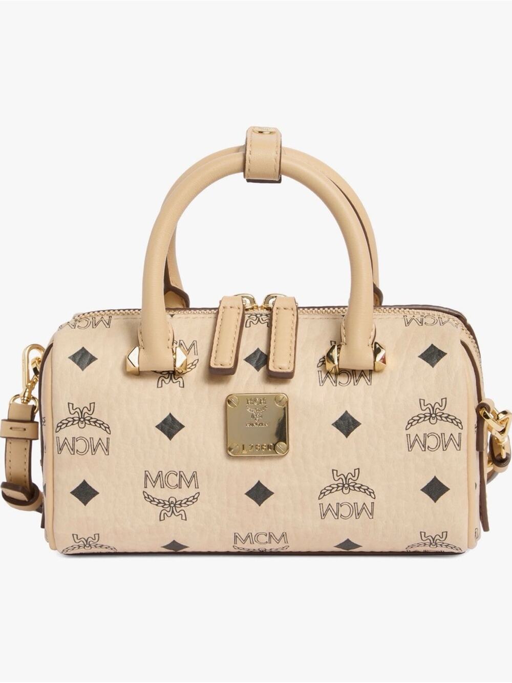 MCM Beige Mini Visetos Barrel Satchel with Gold Hardware new